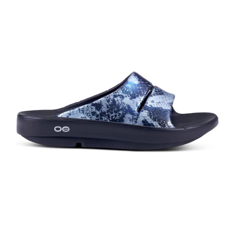Oofos Women's OOahh Luxe Slide Sandal - Metallic Blue Snake eM6lkhqZ